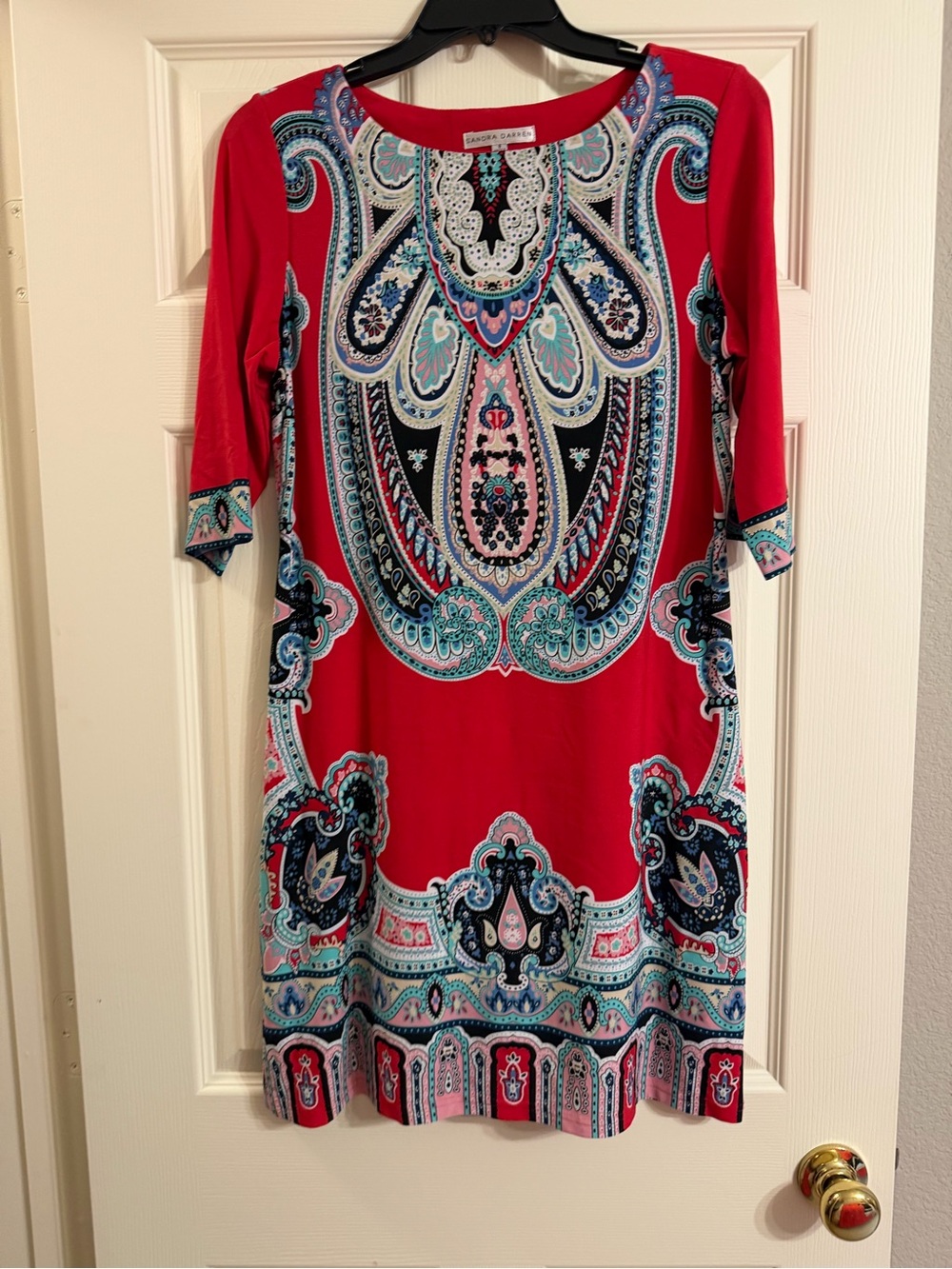 Sandra Darren Red Paisley-Print Long Sleeve Shift Dress